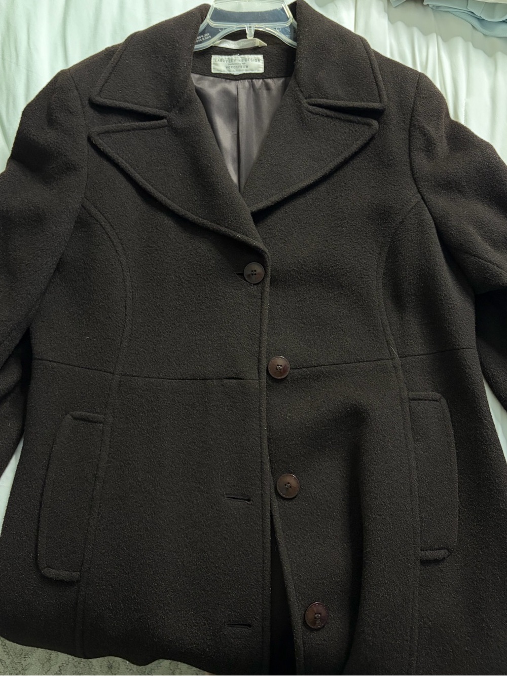 Larry Levine Brown Pea Coat with Notched Collar & Saks garment bac